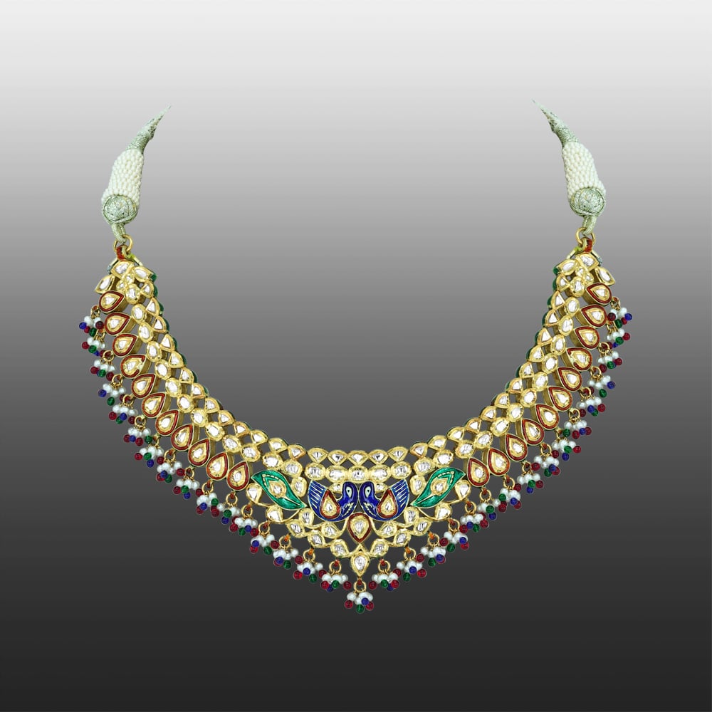 Polki Necklace with Peacock Enamel and Multicolour Beads